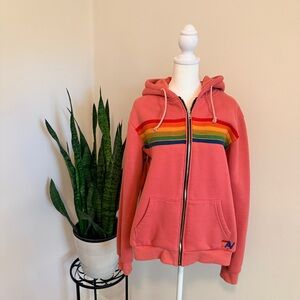 Aviator Nation | 5 Stripe Hoodie, Dark Pink with Rainbow Stripes (Unisex)